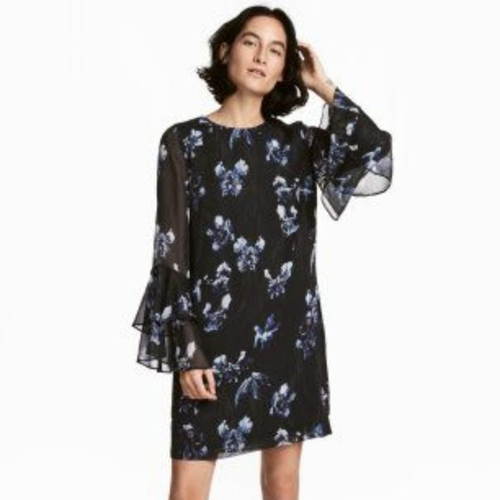 H&M Black/Floral Flounce Sleeved Dress